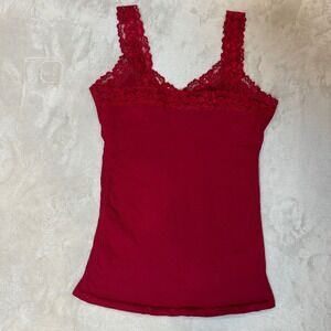 Yahada USA Red Lace Trim Ribbed Camisole Tank Top One Size YM2788 Made in USA